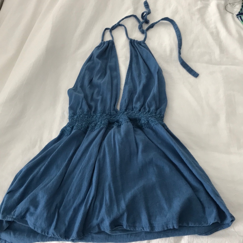 Low cut backless blue romper